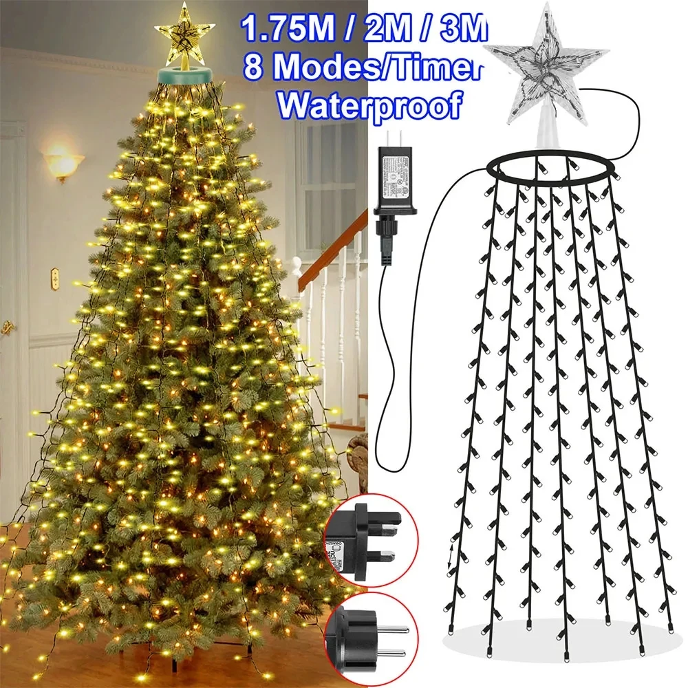 Luci Di Natale Esterne Ad Albero Con Stella Luminosa, 3 Metri 324 LED USB, 8 Modalità, Impermeabile Con Telecomando