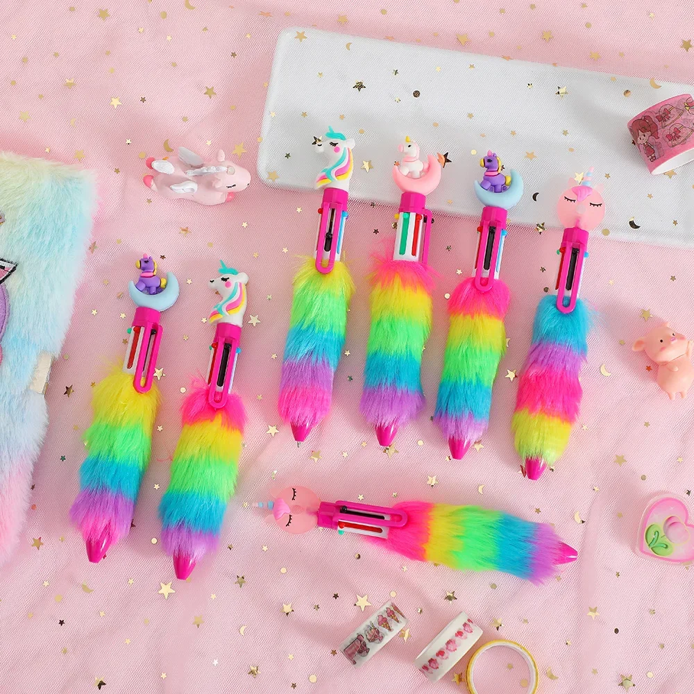 Ballpoint Pen 2PCs Unicorn Plush Student Rainbow Gel Pen Cartoon Girl Handwriting Office Accessories