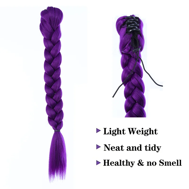 합성 섬유 가발 여성용 K팝 보라색 작은 집게핀 포니테일 가발 땋은 머리 연장 가발