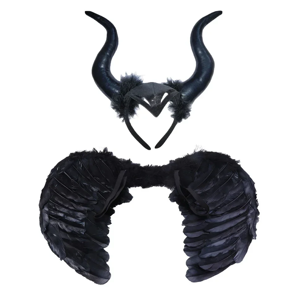 Vintage Wings Black Angel Costume Witch Devil Horns Hair Hoop Set Decorations Feather Black Swan Cosplay Halooween Accessories hair accessories cosplay accessories