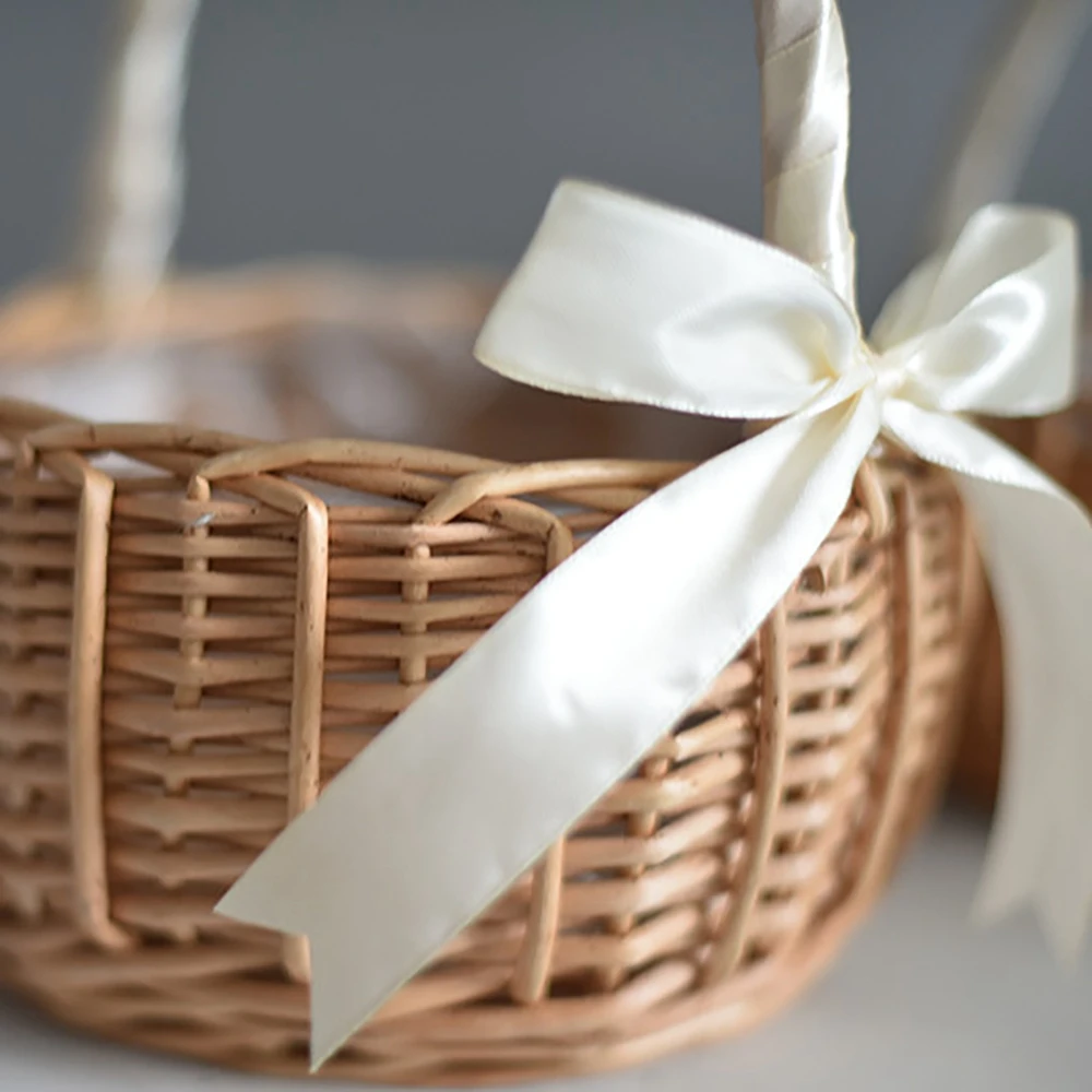Wedding Flower Girl Basket with Ribbon Handle and Bowknot Natural Rattan Flower Basket for Wedding Ceremony Rustic Home Decor 3