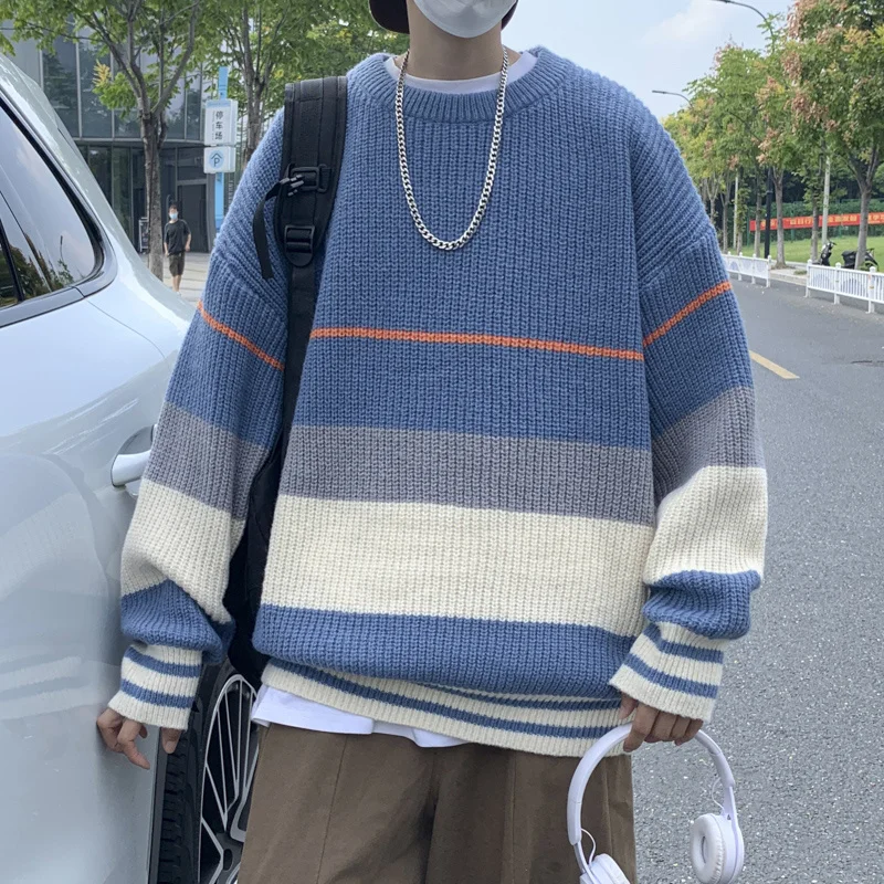 

Men Striped Sweaters Winter Warm Korean Fashion Streetwear Loose Casual Knitted Pullover Harajuku O Neck Sweater Mens Clothes