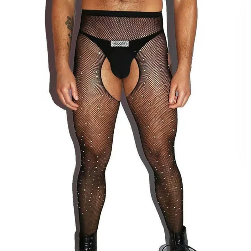 Sparkling Fetish Pantyhose for Male Underwear Fun Adult Men's Thigh High Stockings Rheinstone Shiny Fishnet Crotchless Tights