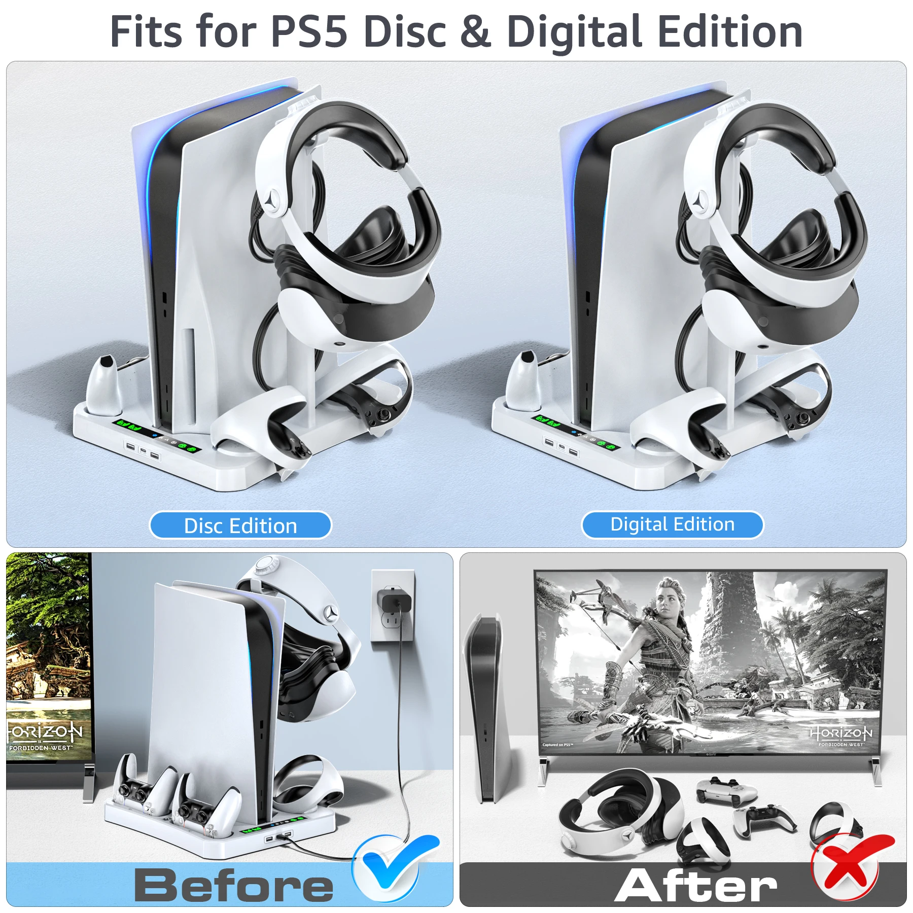 עבור Ps5 & ps vr2 תחנת טעינה עם מתאם ac ו מאוורר קירור 3 ברמה עבור Psvr 2 תחנת מטען בקר