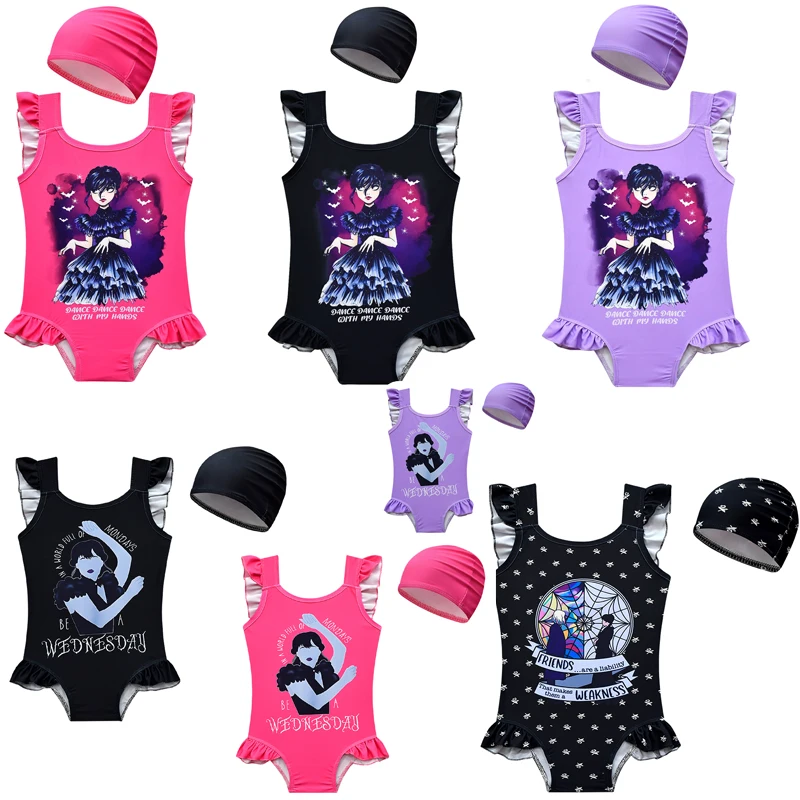 Girl One Piece Wednesday Addams Swimsuit Adams Print Child Girl Bathing Suits Children Swimwear Kids Gothic Swim Wear Dress Set