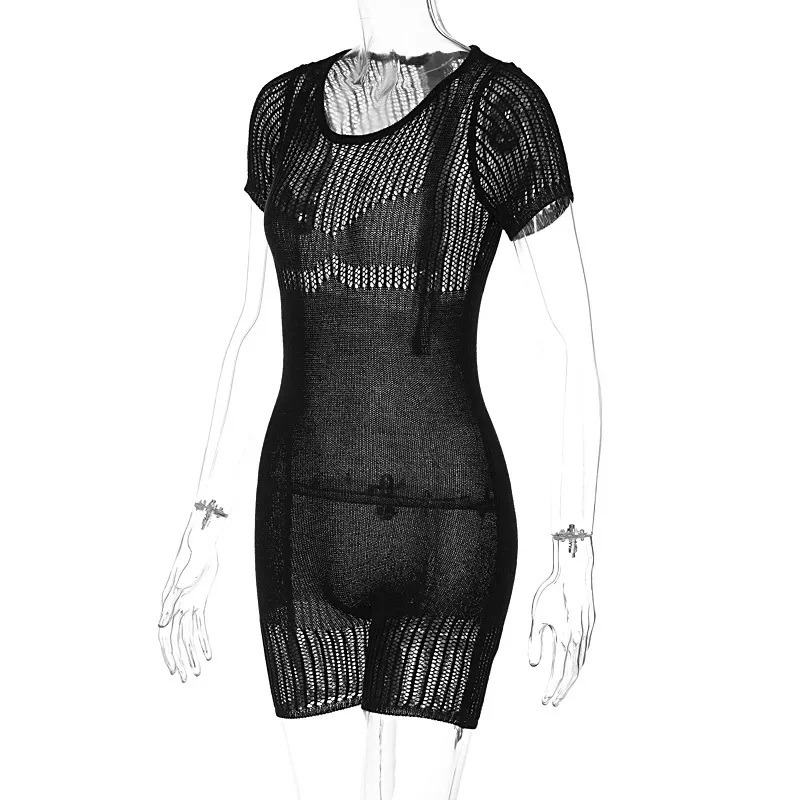 Knitted Hollow Out Summer Playsuits Women O Neck Short Sleeve Skinny Shorts Jumpsuits Fashion Casual Beach Romper Streetwear