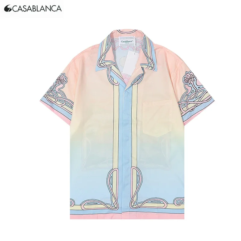 

CASABLANC Castle In The Mirror Printing Polyester Breathable Shirt TEE Oversize Lapel Collar Stripe Men Women Thin Short Sleeve