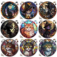 Mysterious Wooden Puzzle painted Black Cat Funny Toy Animal Wood Puzzles Smart Game Round Shaped Jigsaw Puzzle Best Gift For kid 1