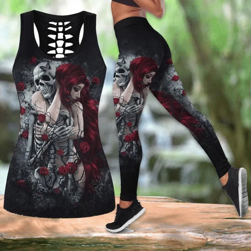 Skull And Beauty Red Rose Hollow Tank Top And Legging 3D Art Legging +  Hollow Tank Combo Leggings Yoga Pants - AliExpress