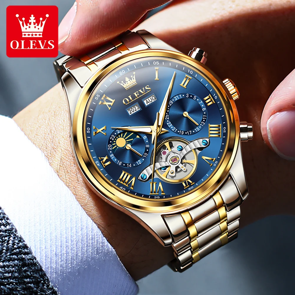 OLEVS 7005 Automatic Man Watch Top Brand Roman Scale Mechanical Watch For Men Moonswatch Hollow Luxury Waterproof Wristwatch