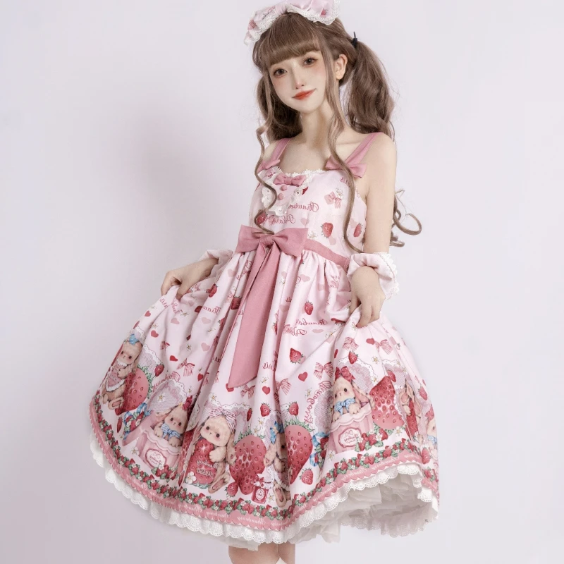 Victorian Sweet Lolita Jsk Dress Strawberry Cartoon Cute Rabbit Print Suspenders Dress Japanese Summer Girl Kawaii Party Dresses lolita dress,lolita suspender dress,lolita cosplay costumes,suspender dress