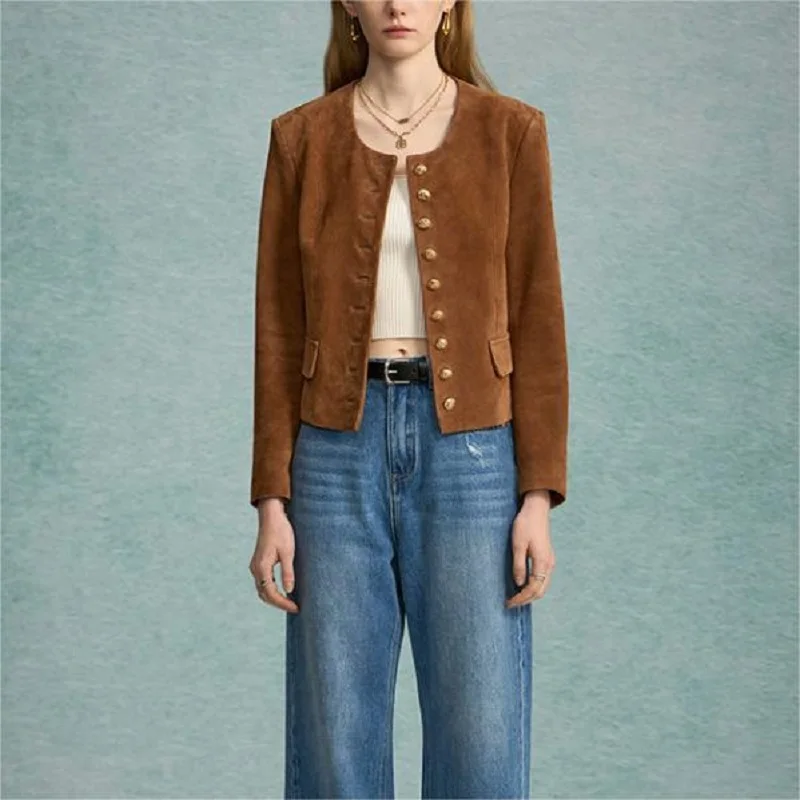 Genuine Leather Cropped Jacket Women Spring Sheepskin O-Neck Metal Buttons Long Sleeve Top Kid Suede Slim Short Casaco Feminino