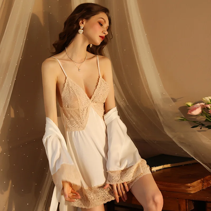 Moon Night hei thin lace pearl curtain sexy pajamas ice silk suspender pajamas