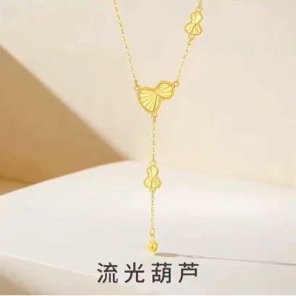 24K Fortune Necklace Womens Tassel Gourd Pendant AU999 Pure Gold Set Necklace Birthday Gift for Girlfriend 3