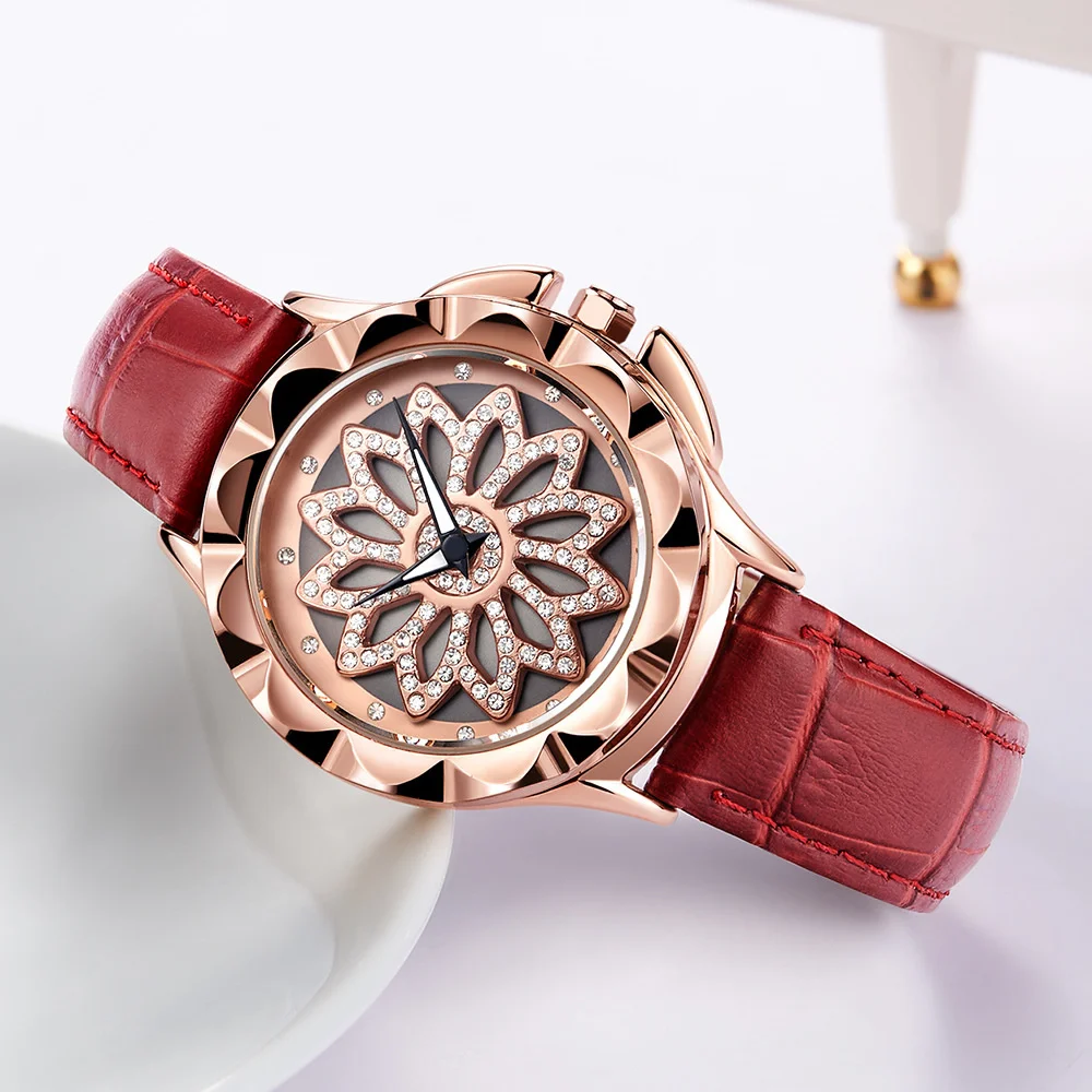 

smvp New Quartz Watch For Women Luck Diamond Inlaid Glow Pointer Rotating Dial Waterproof Leather Strap Reloj Mujer