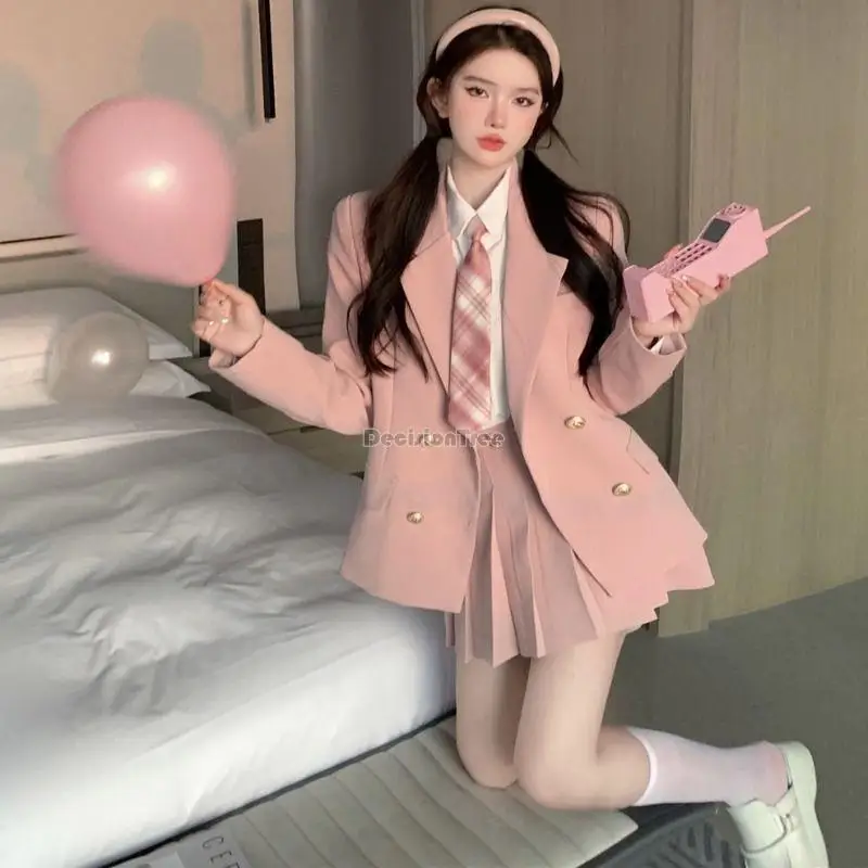 

2023 fashion korea preppy suit jk uniform suit long sleeve jacket pleated short skirt shirt ins three-piece women jk set s503