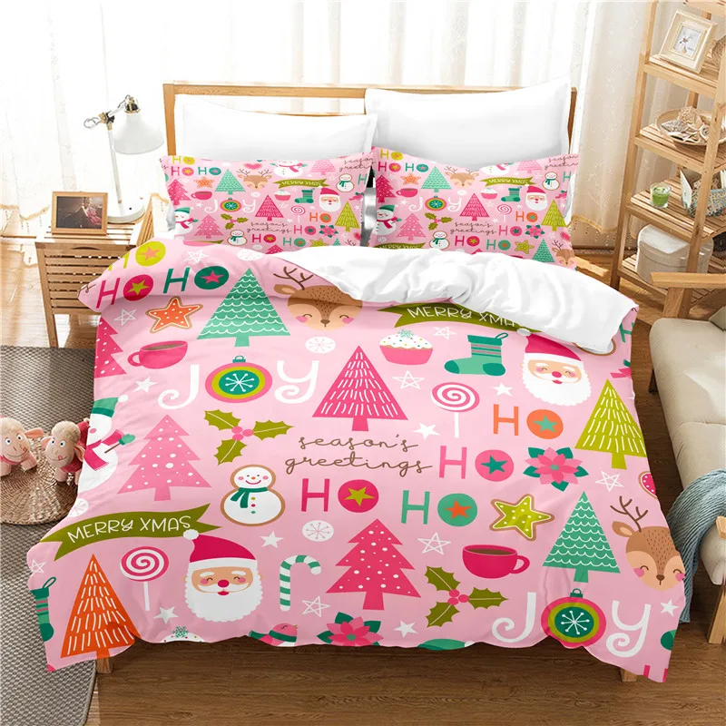 Pink Christmas Duvet Cover Set Lovely Santa Claus Duvet Cover Girl Bed Set Children's Bedroom