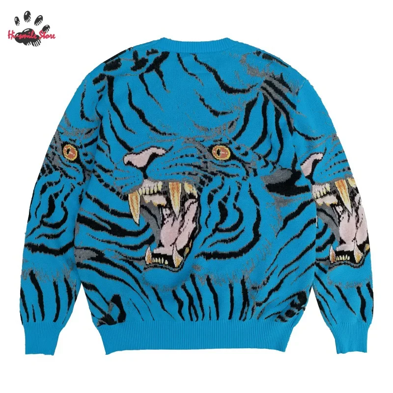 White Khaki Blue WACKO MARIA Sweatshirts Men Woman 1:1 High Street Round Neck Knit Sweater Tiger Jacquard 2024fw New