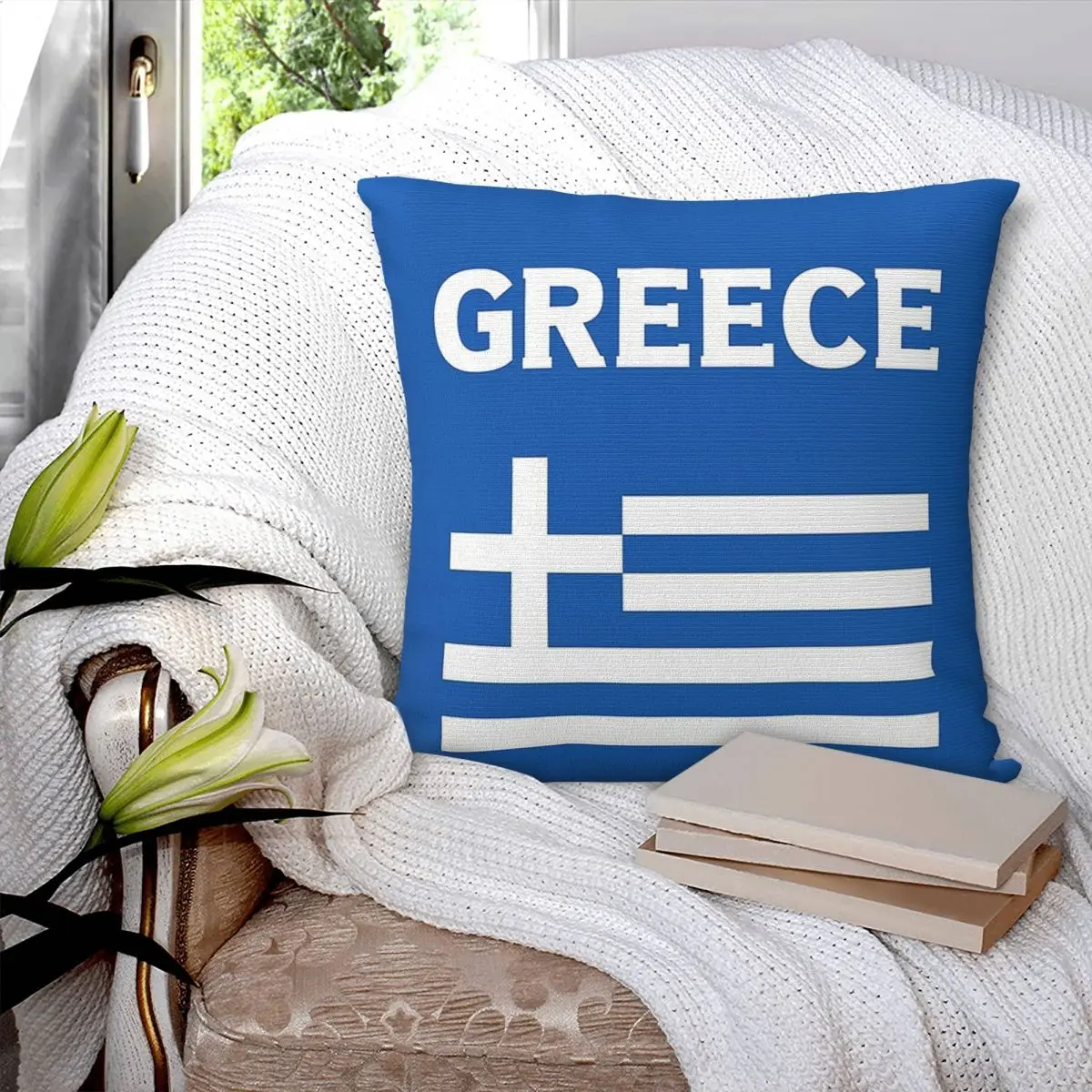 

Greece Greek Flag Square Pillowcase Pillow Cover Polyester Cushion Decor Comfort Throw Pillow for Home Living Room