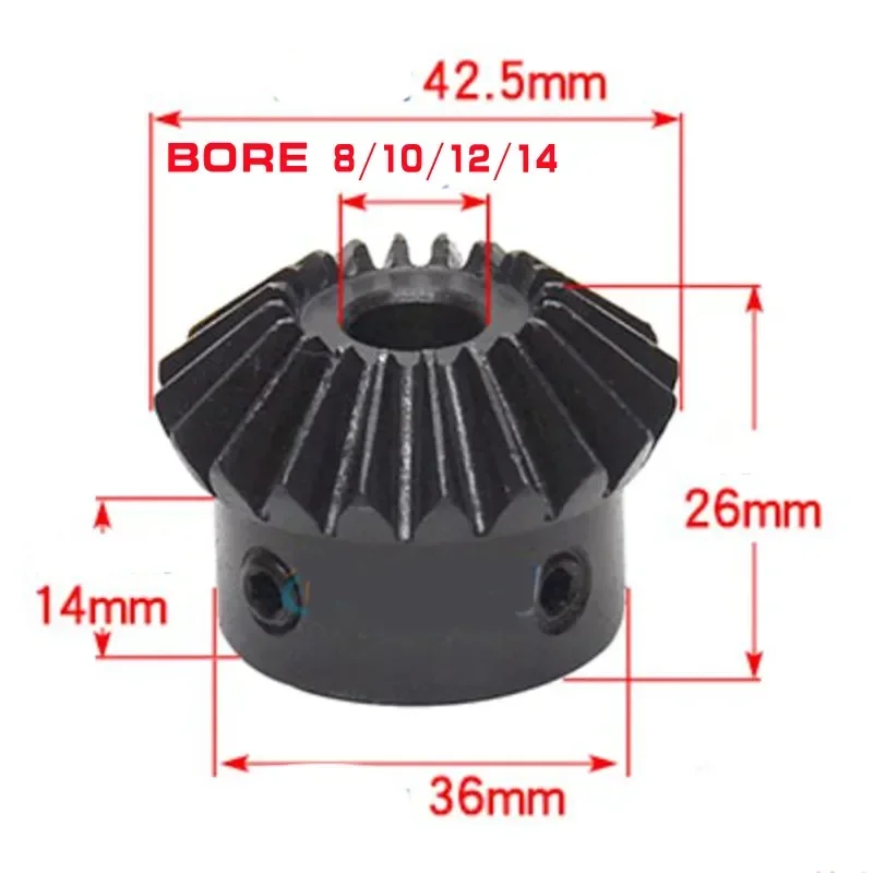 2pcs 1:1 Bevel Gear 2M 20Teeth inner hole 8/10/12/14mm 90 degrees meshing angle Steel Gears Screw M5