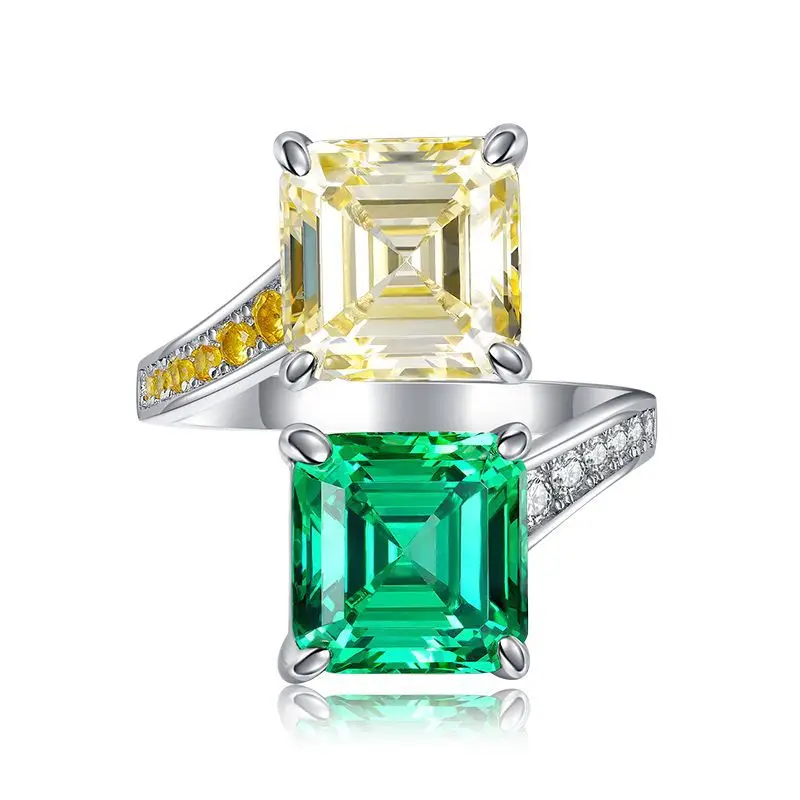 

2023 New 925 Silver Ring Opening Women's 5 Carat Square 10 * Yellow Green Diamond One Piece for Sale