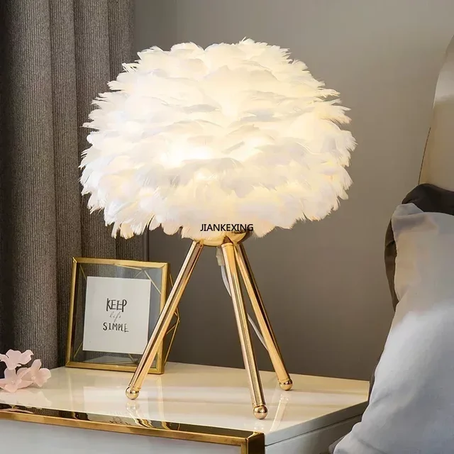 Feather Bedroom Table Lamp New Bedside Living Room Coffee Shop Wedding Christmas Decor Romantic Goose Lamparas