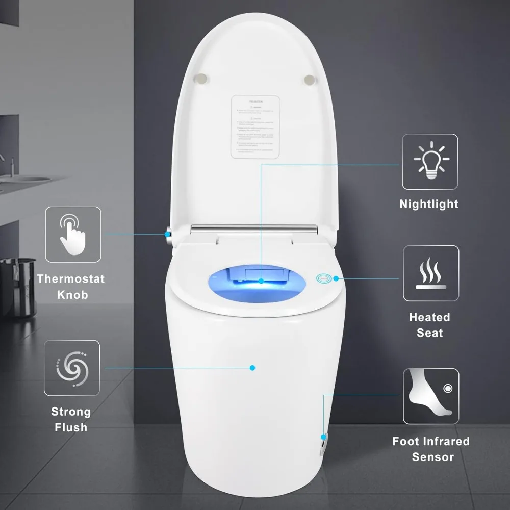Heated Seat Smart Toilet, One Piece Toilet, Automatic Flush Tankless Toilet Without Bidet, Foot Sensor Flush, Blue Night Light 3