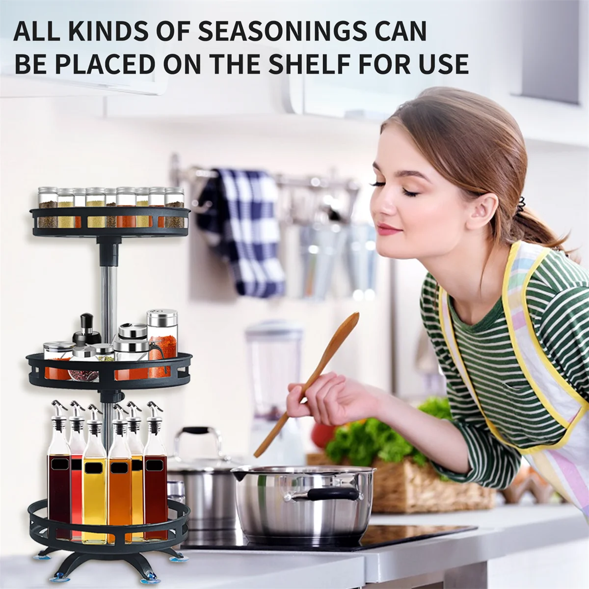 360 Rotating Spice Rack Organizer - Non-Skid Carbon Steel Storage Tray for Seasonings