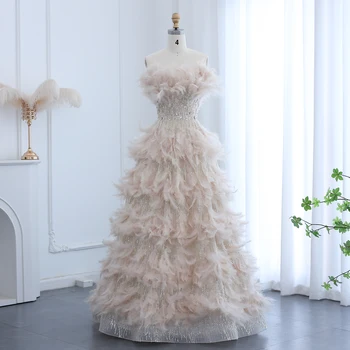 Luxury Dubai Feathers Princess Ball Gown Cream Evening Dresses for Women Wedding Engament Party Dress 532 2