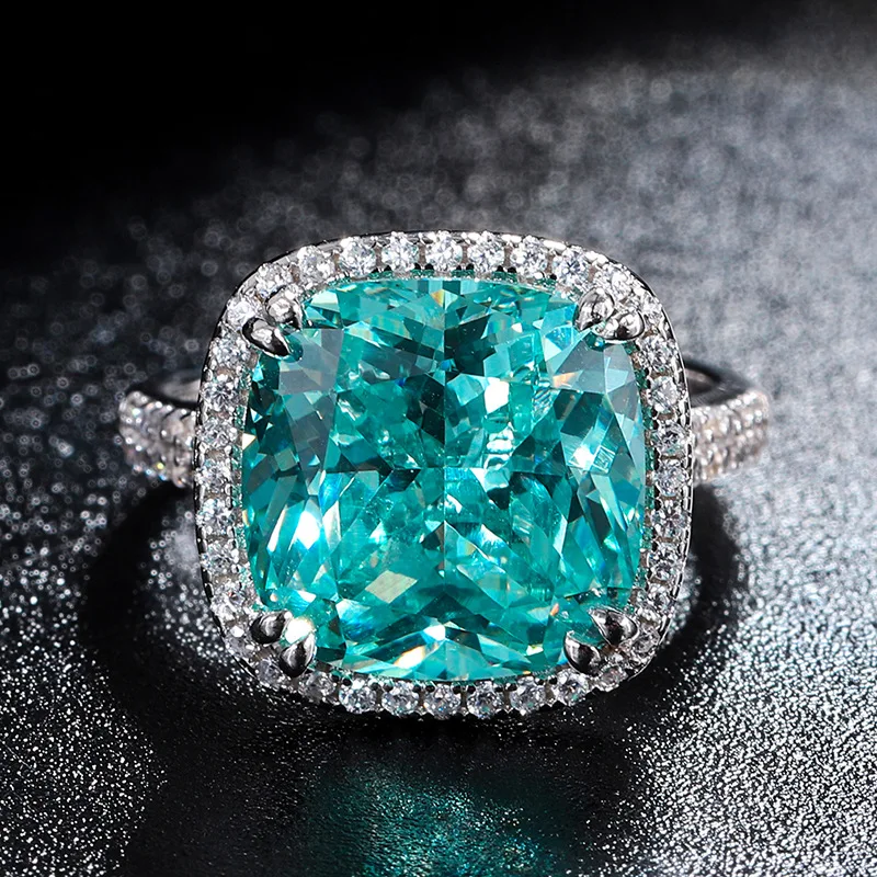 S925 Full body Silver Simulated Sea Blue Treasure Fat Square Temperament Light Luxury Ring Main Stone 12 * 12