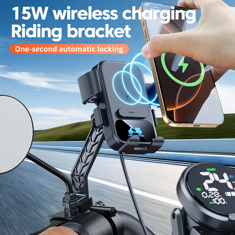 Rainproof Bicycle Motorcycle 360 Rotation Phone Holder 15W Qi Wireless Charger for 4.7-7.2inch Cellphone Rearview Mirror Bracket