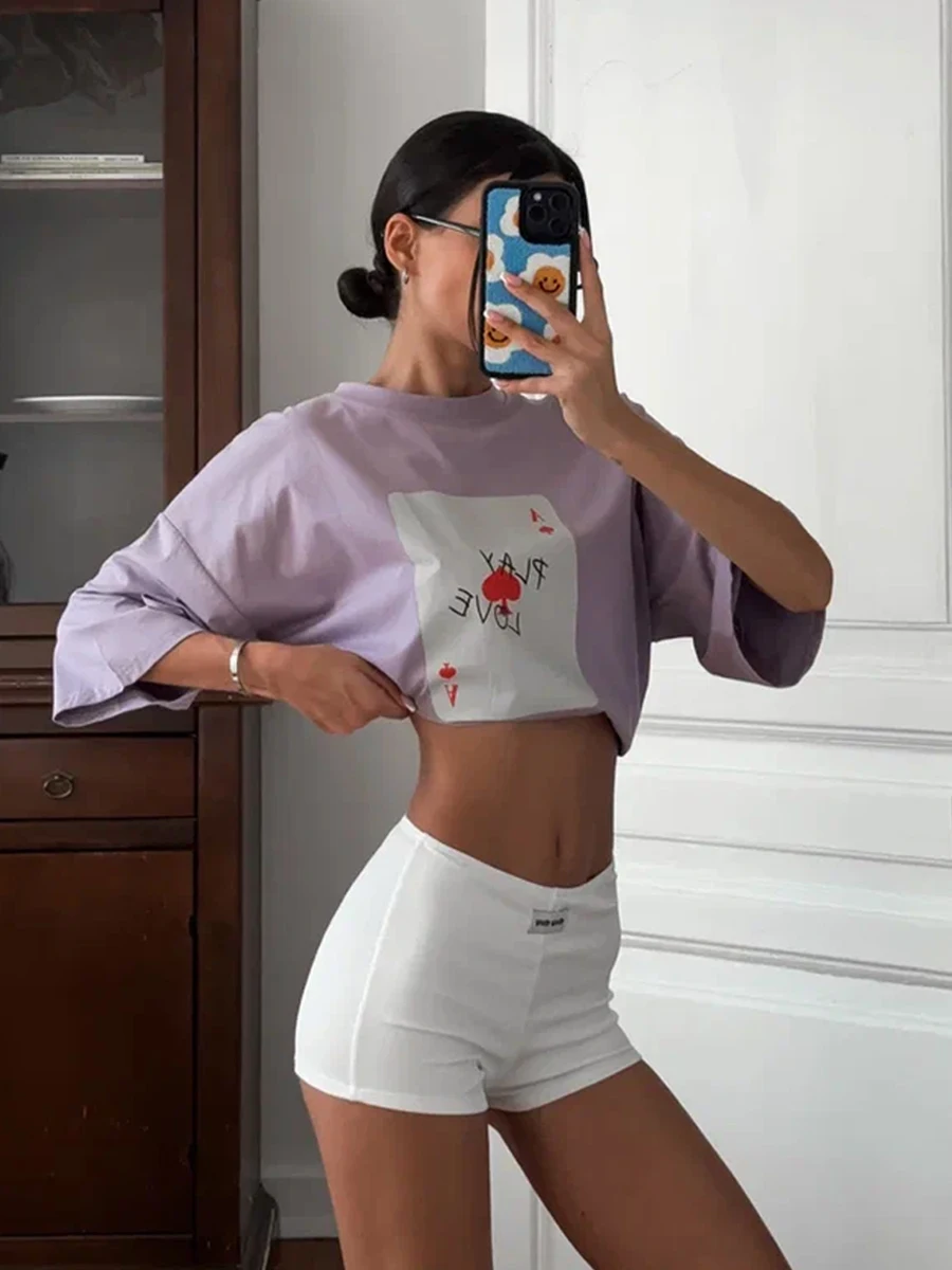 Bornladies 100% Cotton Poker Card Printed T-Shirt Women's Fashionable O-Neck Loose Short Sleeved Female Summer New Casual Top