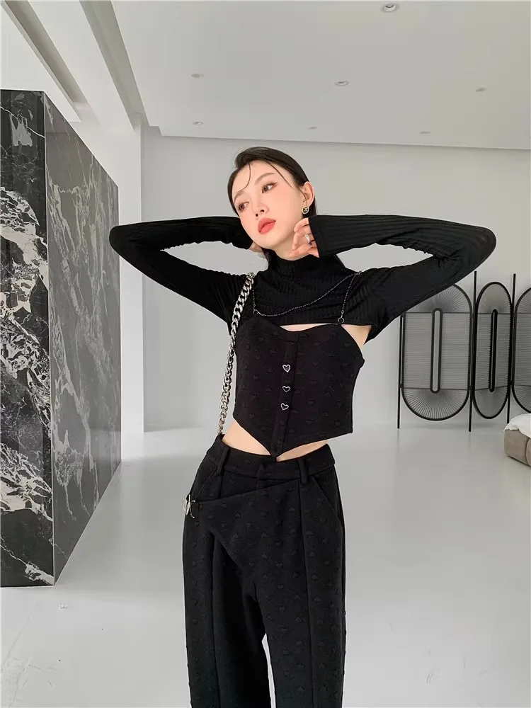 

High End Black Slimming Spicy Girl Knitted Bra Set+Versatile Love Knitted Jacquard Straight Leg Pants Two-Piece Set