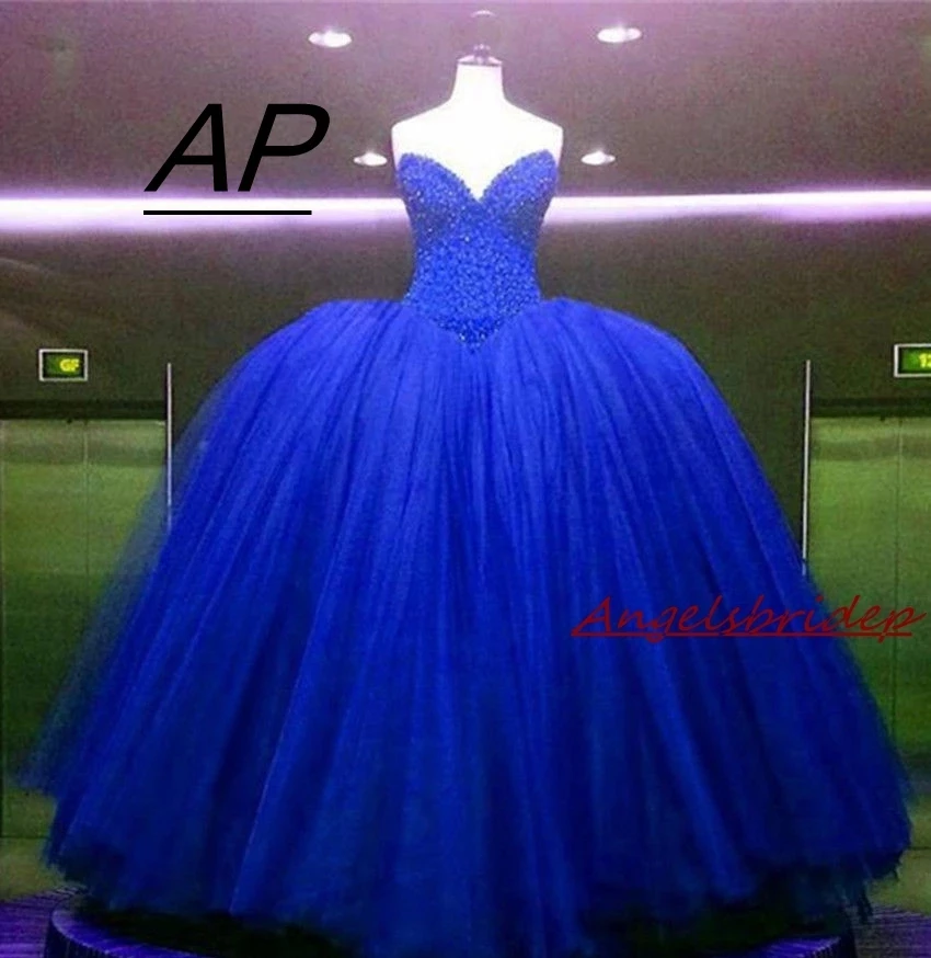 

ANGELSBRIDEP Royal Blue Quinceanera Dresses Sweetheart Plus Size Bling Beading Corset Tulle Formal Debutante Sweet 16 Ball Gown