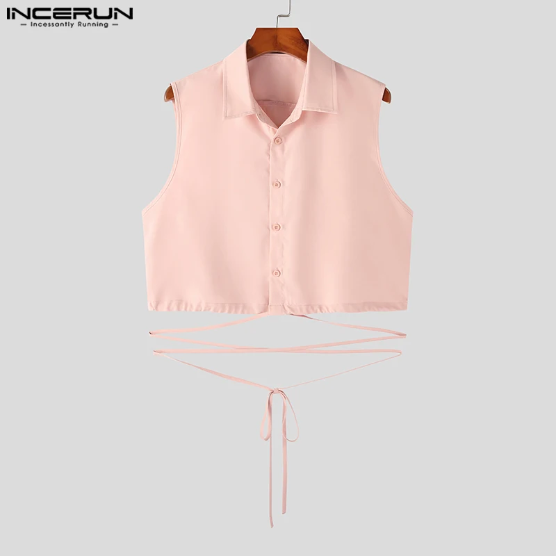 INCERUN Tops 2023 American Style New Men's Solid Short Cross Strap Design Shirts Casual Streetwear Male Sleeveless Blouse S-5XL