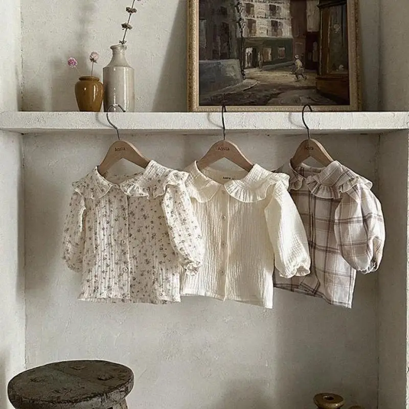 Baby girls blouse baby girls shirt Girl Baby Spring Thin Blouse Vintage Floral Shirt Sweet Peter Pan Collar Thin Coat Plaid Bottoming Cotton Tops
