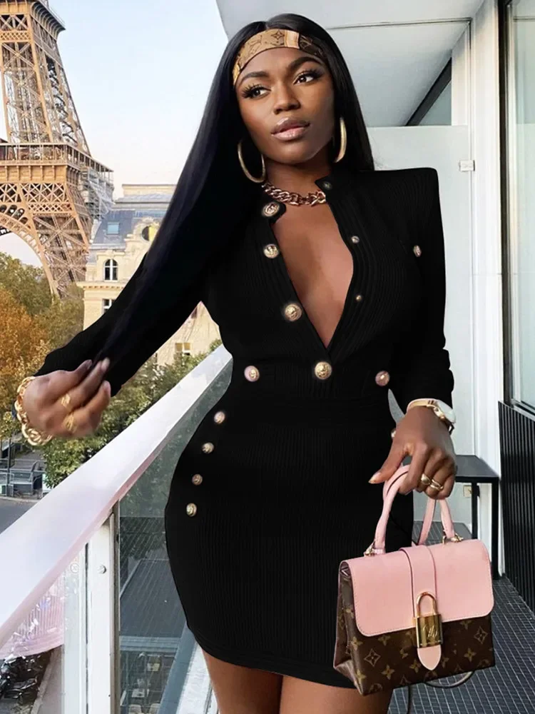 

New Winter Style Sexy Long Sleeve Key Hole Button Pink Mini Women Bodycon Bandage Dress 2022 Elegant Evening Club Party Dress