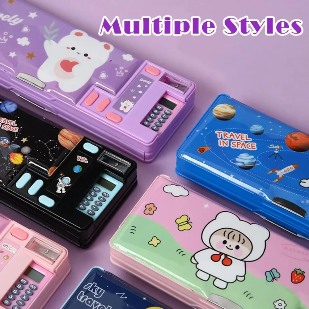 Dual-Sided Fun Mechanism Plastic Pencil Case with Built-In Calculator and Sharpener