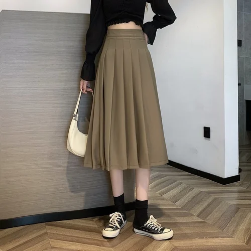 Black Pleated Skirt Half-length Skirt Female Autumn 2022 New Style Korean Skirt High Waist Women's Skirts Coffee color