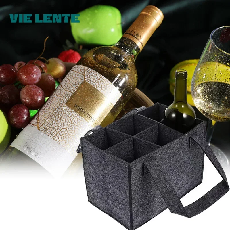 6 Bottles Felt Beer Beverage Holder Bag Protective Beer Storage Basket Washable with Carry Handle Car Beer Bottle Carrier