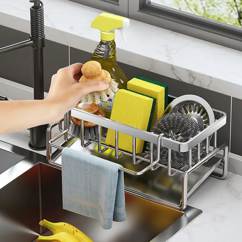 Kitchen Sponge Holder Stainless Steel Sink Drain Rack Soap Drainer Towel Rack Shelf Organizer bathroom Storage Accessories 4