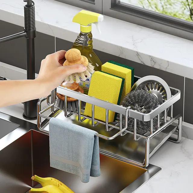 Porta spugna da cucina Scarico per lavello in acciaio inossidabile Scolapiatti per sapone Portasciugamani Scaffale Organizzatore Accessori per il bagno 4