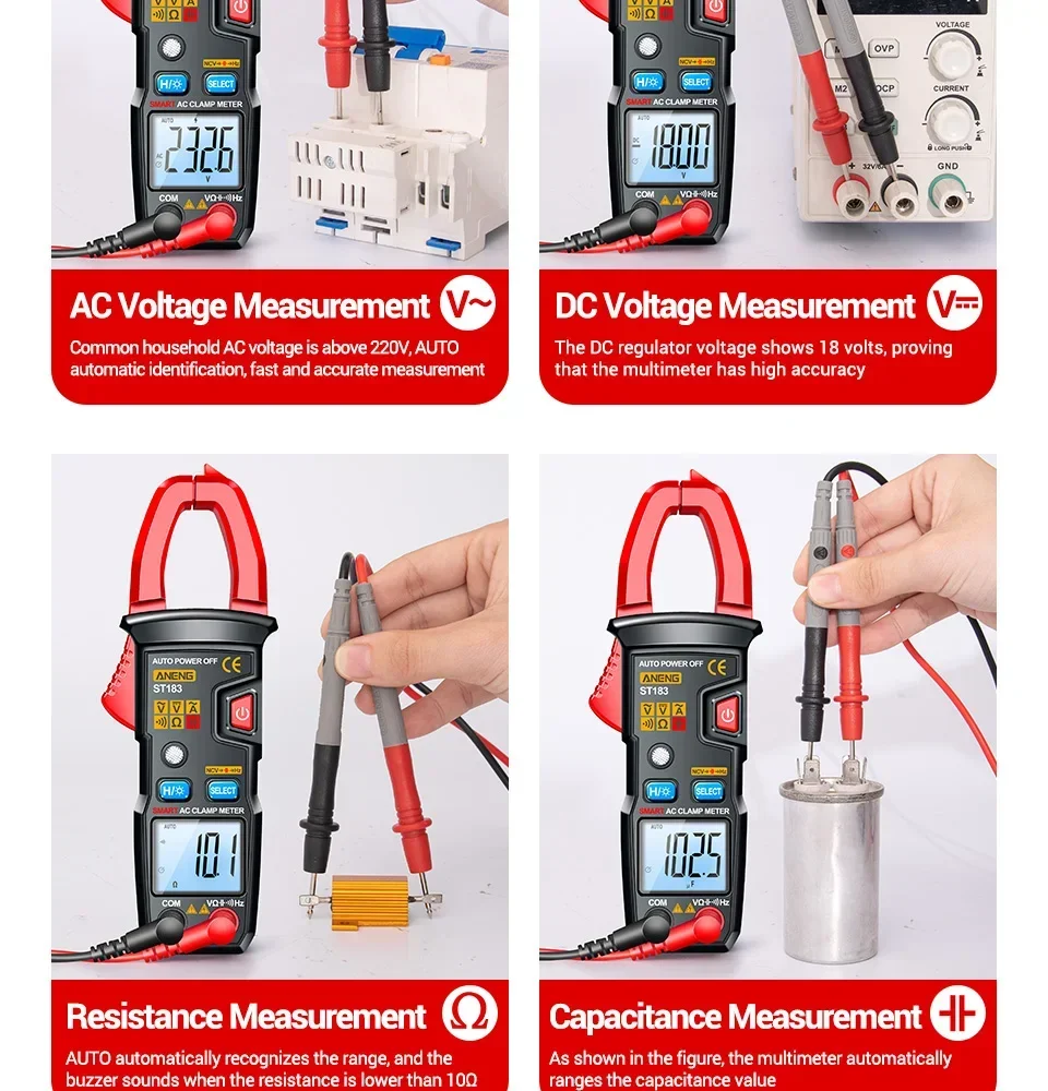 ANENG ST183 Digitales Zangenmessgerät 6000 Anzeigen True RMS Multimeter AC/DC Spannungsprüfer 600A Amperemeter Zange NCV Ohm Kapazität Hz – Detail 13