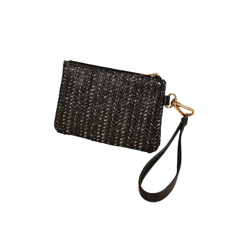 Solid Color Straw Bag Fashion Ladies Wristlet Wallet Portable Coin Purse Holder Bag Lipstick 1PC
