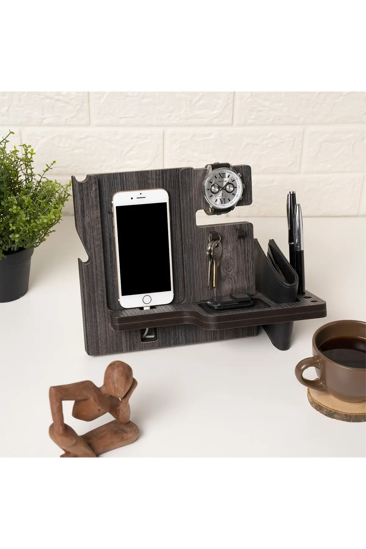 Wooden Phone Stand Clock Wallet Stand Desktop Organizer Charging Stand Accessory Stand Md06a