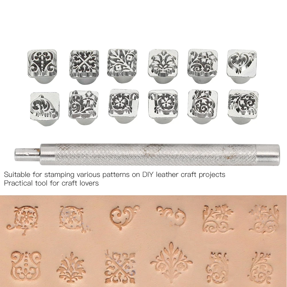 Stamping Punch Tool Tang Flower Design DIY Vegetable Leather Stamper + Handle Zinc Alloy