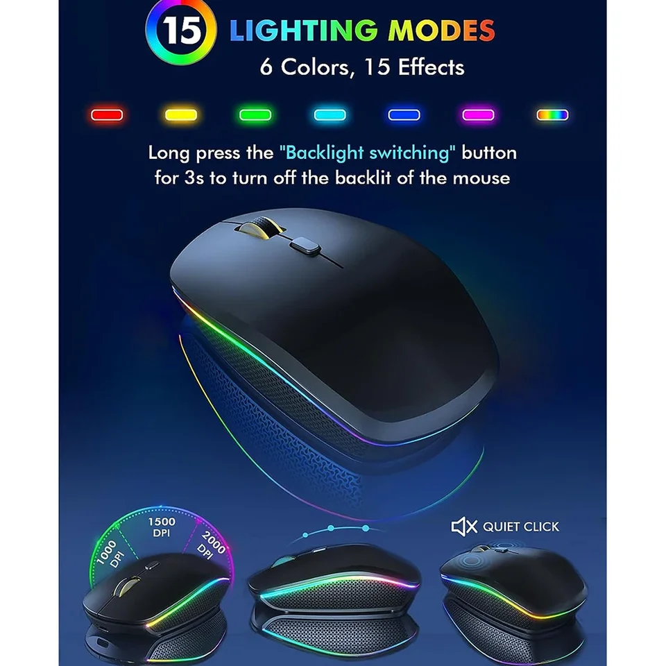 Set di mouse per tastiera senza fili, 7 retroilluminazione a colori, poggiapolsi, tastiera ergonomica ricaricabile con supporto per telefono, illuminazione silenziosa per Windows, Mac, PC (nero