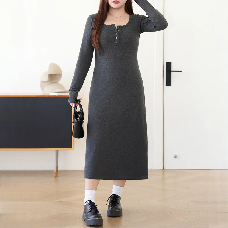 Plus Size Women's Long Dress Premium Drape Knitted Temperament Half-Open Placket Square Collar A-Line Autumn 2025