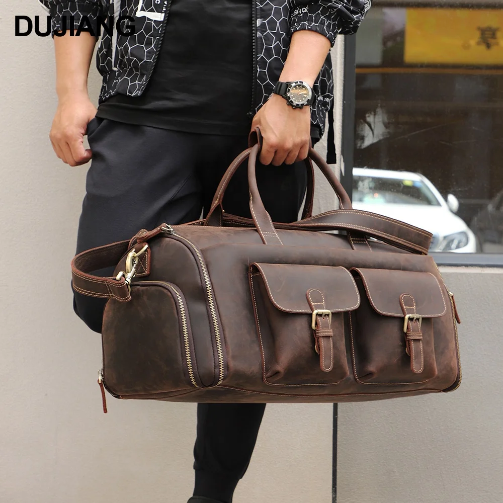 

Genuine Leather Sports Folding Travel Bag Hand Carry Luggage Gym Bags Men Weekender Heavy Duty Duffel Bags With Shoe Compartment