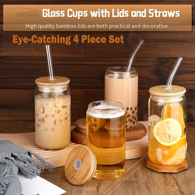 Glass Cups with Bamboo Lids and Straws 6 pcs Set,16 oz Glass